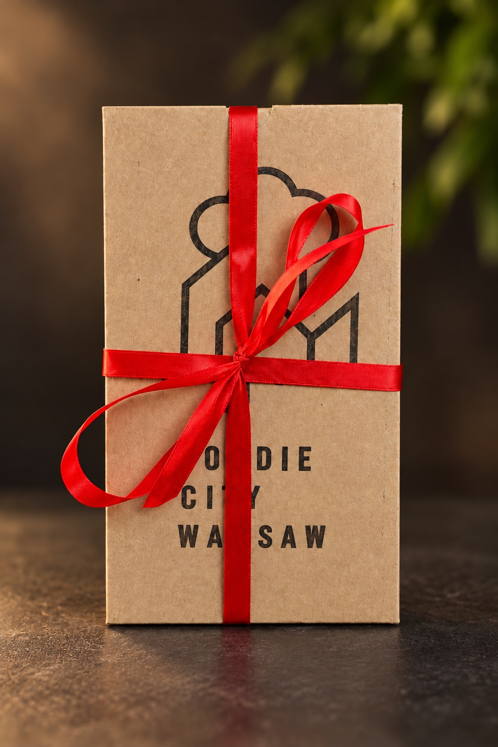 Voucher Foodie City Warsaw w opakowaniu prezentowym z czerwoną wstążką